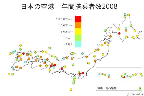 地図で見る日本の空港の乗降客数